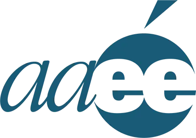 AAEE Horiz logo in blue lowercase script.