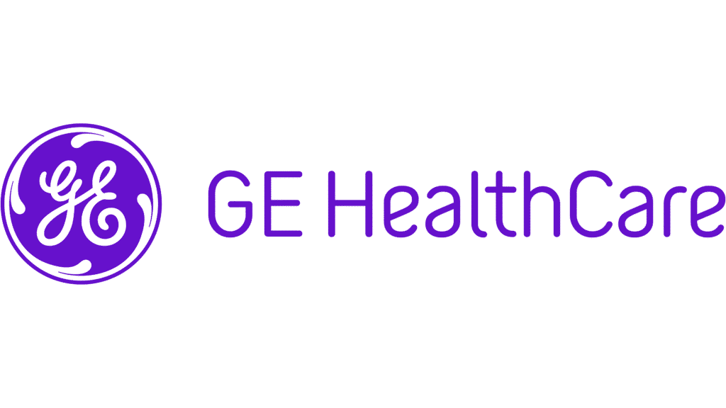 GE HealthCare logo with purple circular emblem and text.